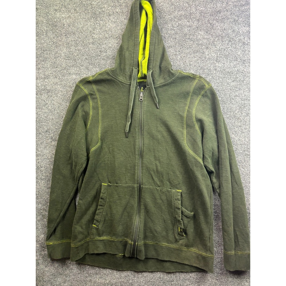 Prana Full Zip Hoodie Mens XL Green Waffle Knit Organic Cotton Contrast Stitch
